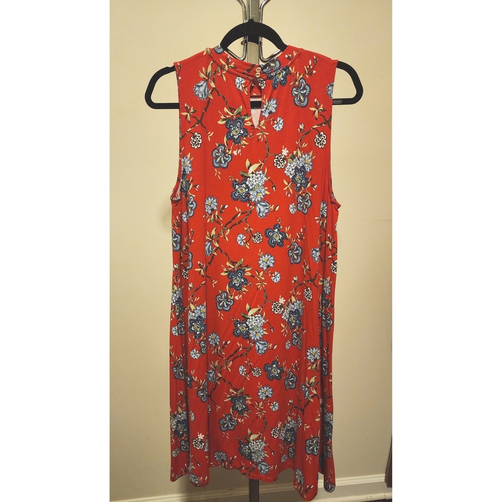 LOFT Red Floral Mock Neck Sleeveless Shift Dress Large Keyhole Back Stretch